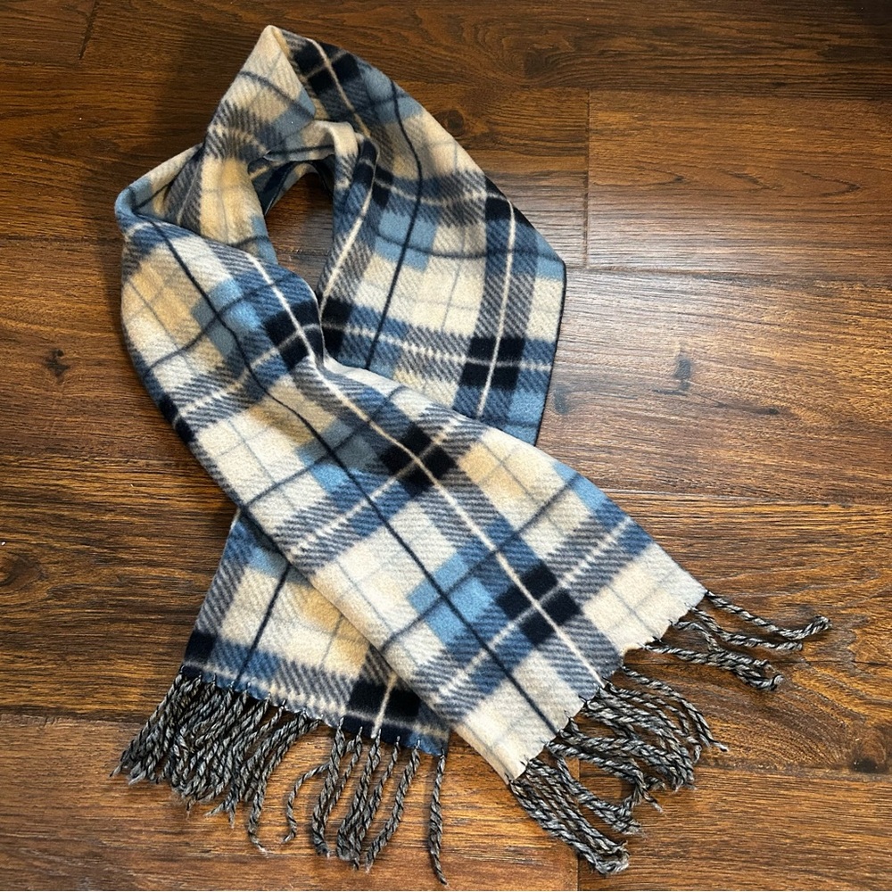 Royal Rossi 100% Cashmere Scarf EUC Blue Black Tan Plaid Tassels